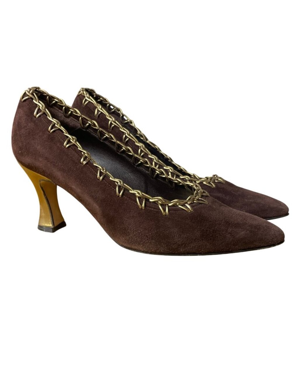 Bally Vintage Chiffon Suede Pointed Toe Gold Tone Woven Heels Pumps Sz 7.5